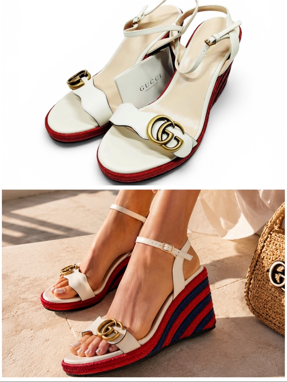 Gucci GG Marmont Platform Espadrille Wedges White Red Blue Stripe Size 37